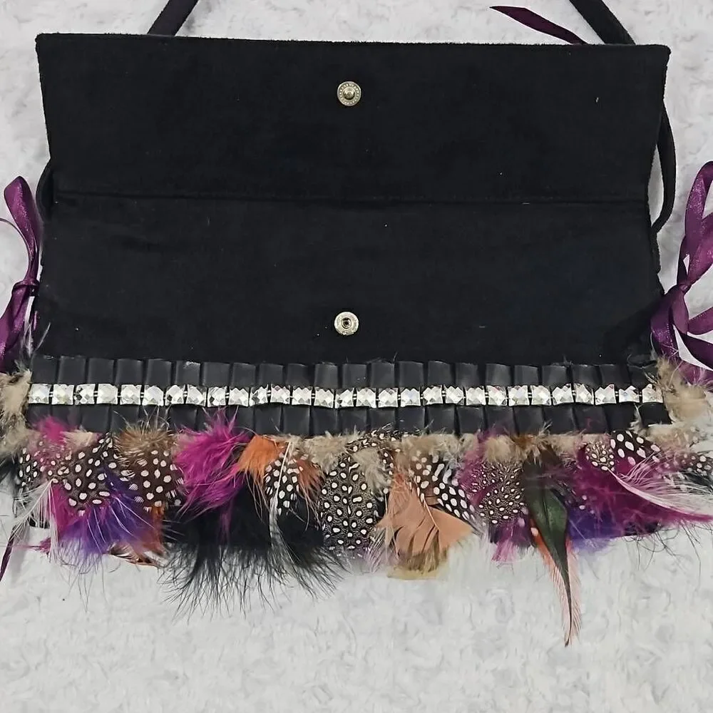 Rare Victorias Sceret Feathered Boho Style Black and silver velvet rivet Purse
